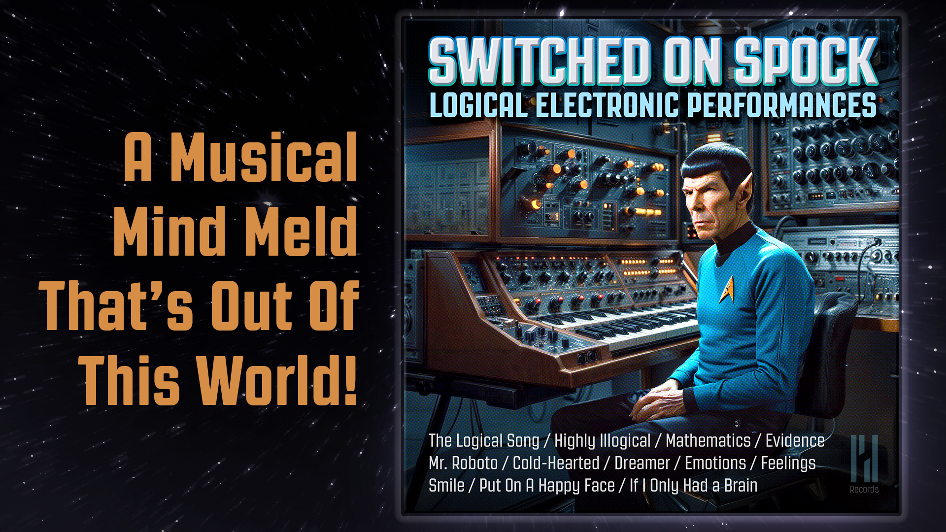 Album cover for 'Switched On Spock: Logical Electronic Performances' featuring Mr. Spock seated at a synthesizer in a blue Starfleet uniform with the album's song titles listed below, set against a backdrop of electronic music equipment.