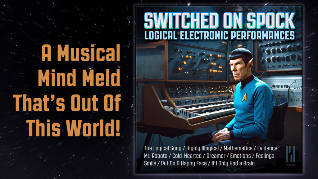 Album cover for 'Switched On Spock: Logical Electronic Performances' featuring Mr. Spock seated at a synthesizer in a blue Starfleet uniform with the album's song titles listed below, set against a backdrop of electronic music equipment.